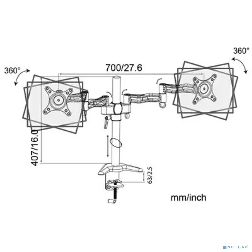 Cactus CS-VM-D08-AL серебристый Кронштейн для 2-х мониторов 13"-27" макс.8кг настольный поворот и наклон