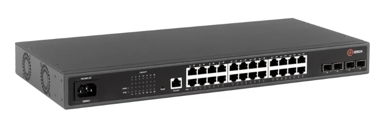 Коммутатор QTECH Управляемый коммутатор уровня L2+ с поддержкой PoE 802.3af/at, 24 порта 10/100/1000BASE-T PoE, 4 порта 100/1000BASE-X SFP, встроенный БП разъем питания на задней панели, 100-240В AC