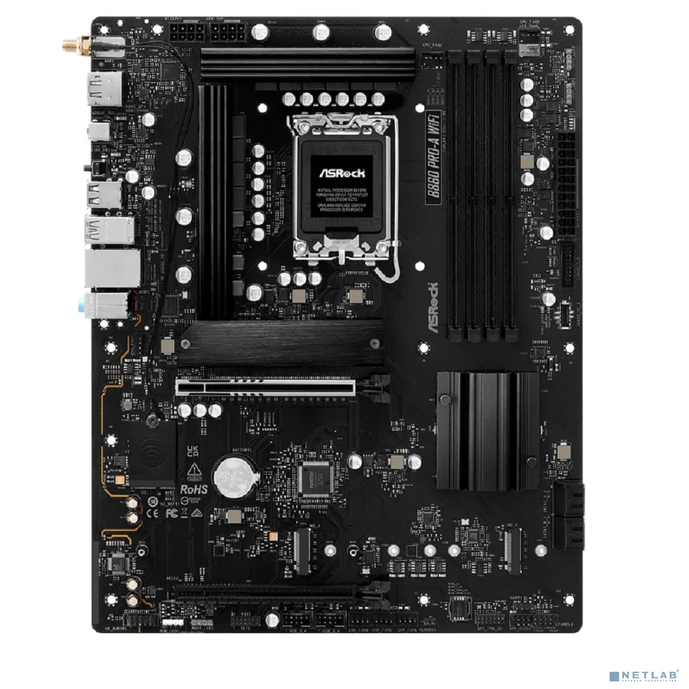 Материнская плата ASROCK B860 PRO-A WIFI, LGA1851, B860, 4*DDR5, 4*SATA, 4*M.2, 6*USB 3.2, 2*USB 2.0, Type-C, 2*PCIx16, 1*M.2 (Key E), HDMI+DP, ATX