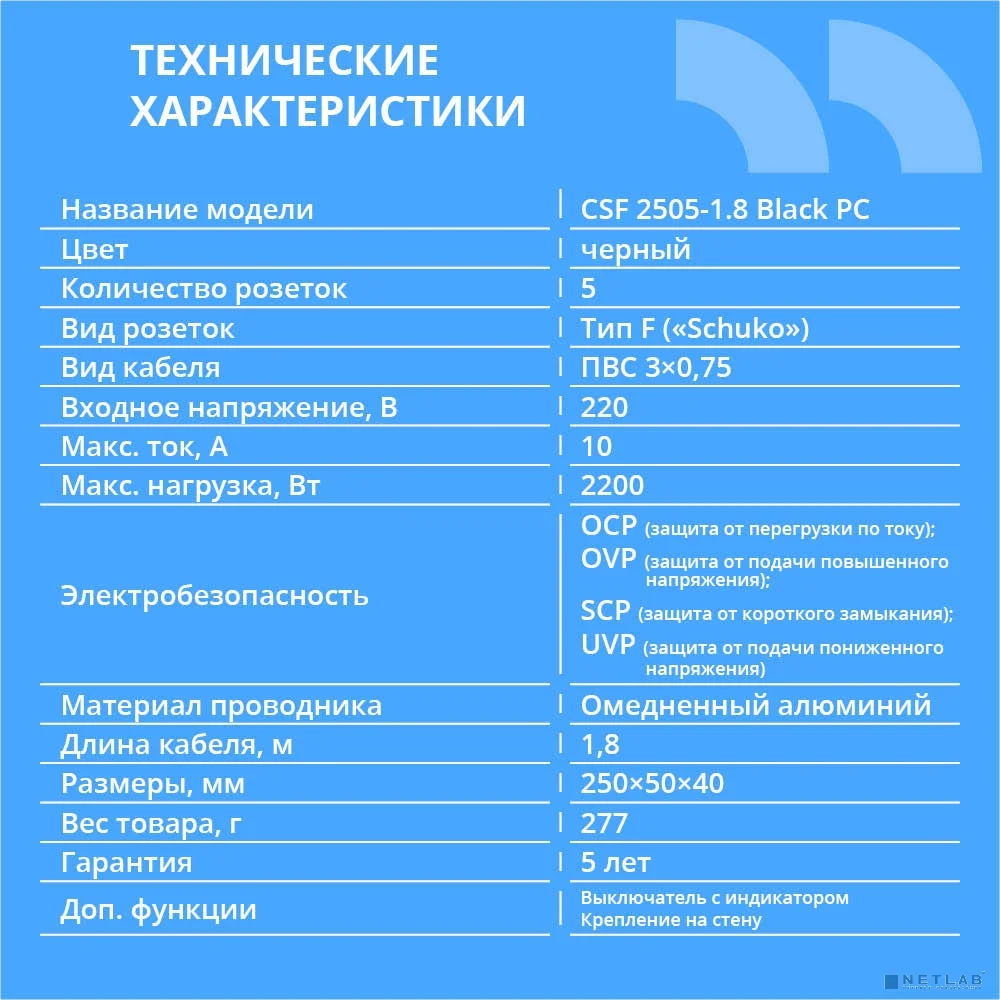 CBR Сетевой фильтр CSF 2505-1.8 Black PC, 5 евророзеток, длина кабеля 1,8 метра, цвет чёрный (пакет)