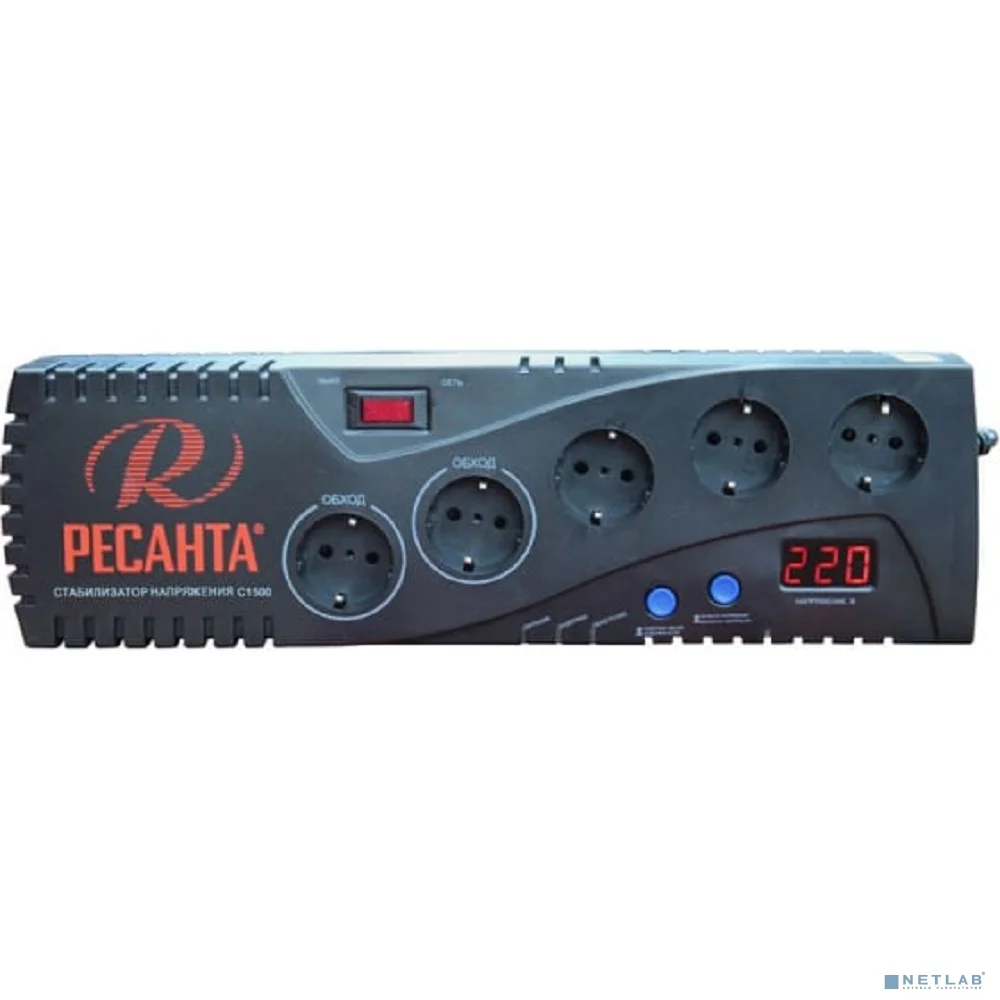 Ресанта С-1500 63/6/33 (16687) Стабилизатор {5 розеток -(3/2), 1000 Вт, 220В±8% + защита RJ11, Вес 3,8 кг}