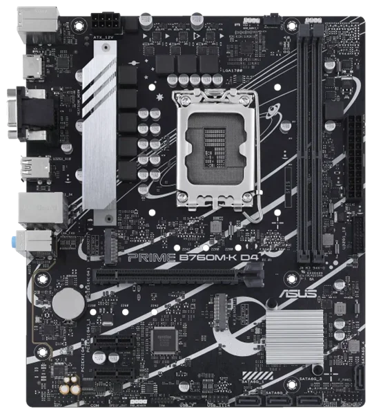 ASUS PRIME B760M-K D4 (Socket 1700, mATX, 2xDDR4(64GB), VGA/HDMI 2.1, 1xPCIe 4.0x16/2xPCIe 4.0, 1xLAN (2.5GbE), 4xSATA 6Gb/s, 2xM.2, 4xUSB 3.2, 2xUSB 2.0, 1xPS/2)