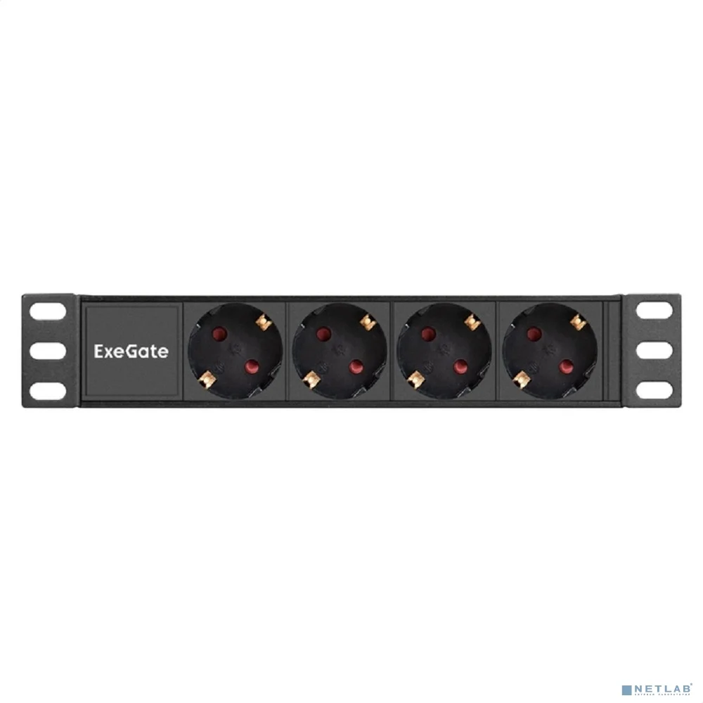 Exegate EX298596RUS Блок розеток 10" с разъемом C14 ExeGate ServerPro PDU-10H401 Al-4S-C14 (10", 1U, Алюминий, 4 Schuko, C14, (ШхВхГ): 274х45х45 мм, черный, RTL)