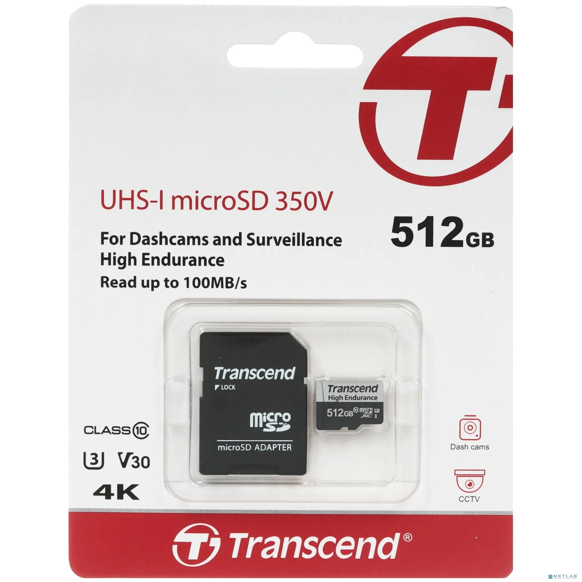 Micro SecureDigital 512GB Transcend 350V (высокой надёжности) UHS-I Class 10 U1, с адаптером