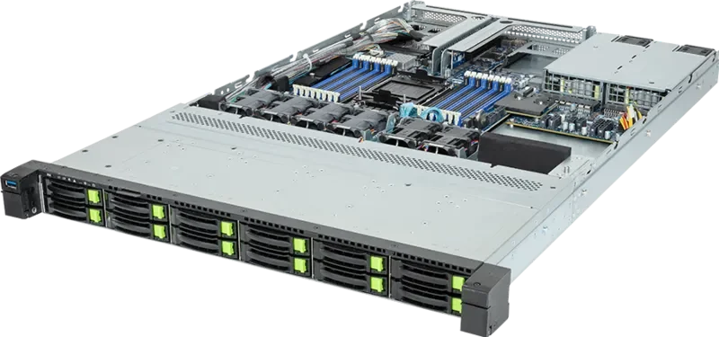 Шасси серверное Gigabyte Server Platform R163-S35 / 1U / 1xIntel (Gen 4/5) / 1xHS / 16xDIMM / 12xSFF NVME/SAS/SATA + 1xM.2 PCIe Gen3 / 1x1GbE / 1xOCP 3.0 / 1xFHHL / 2x1300W / Rails / 1Y