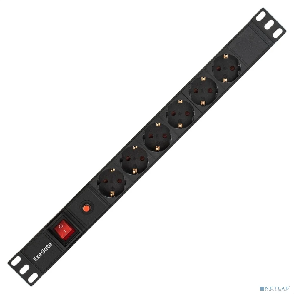 Exegate EX280830RUS Блок розеток ExeGate ServerPro PDU-19H605 Al-6S-C14-SW-O, 19",1U,алюм, 6Schuko, С14, защ перегр