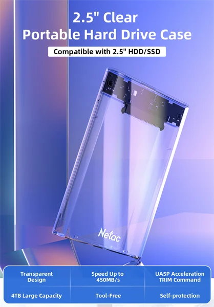 Внешний корпус для диска HDD/SSD Netac WH11 2.5 SATA to USB3.0 External HDD/SSD Case, Slide Transparent Cover, with USB3.0 C to C cable