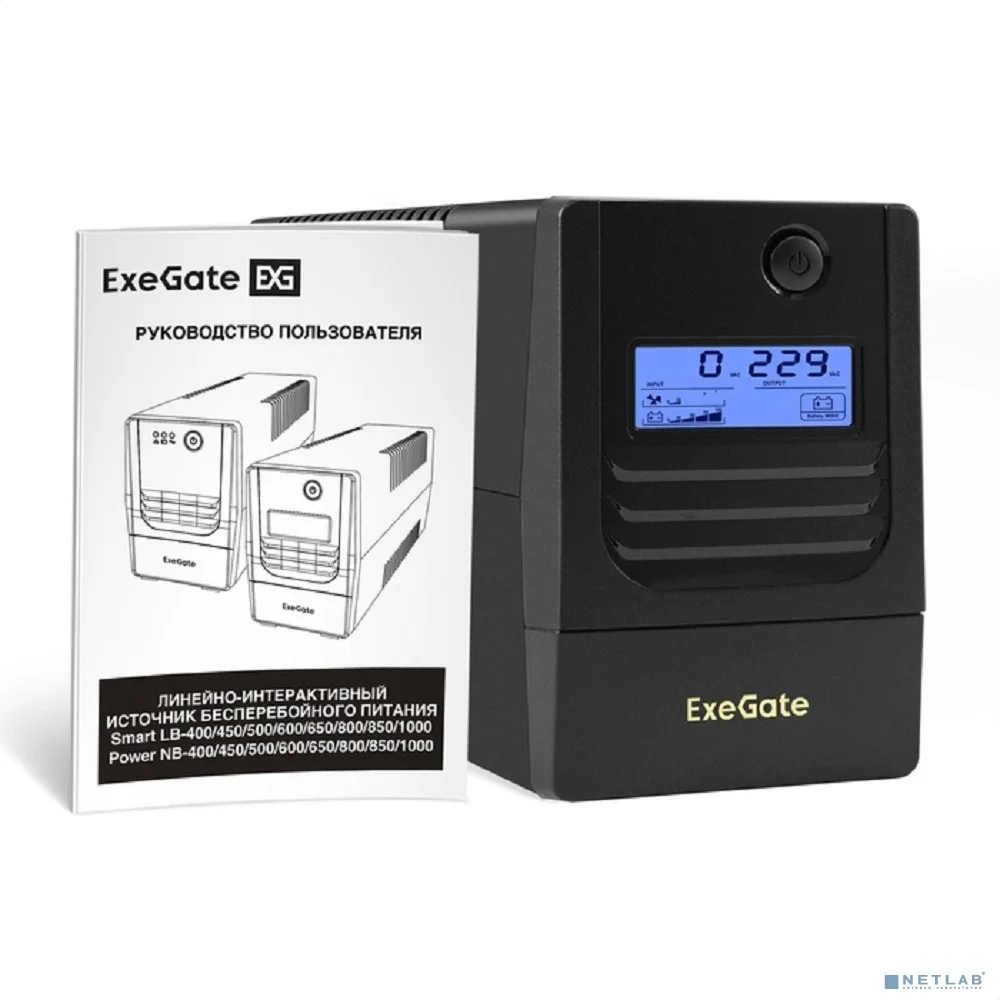 Exegate EX299498RUS ИБП ExeGate Smart LB-650.LCD.AVR.2SH (650VA/390W, LCD, AVR, 2*Schuko, батарея 12V 7Ah, Black)