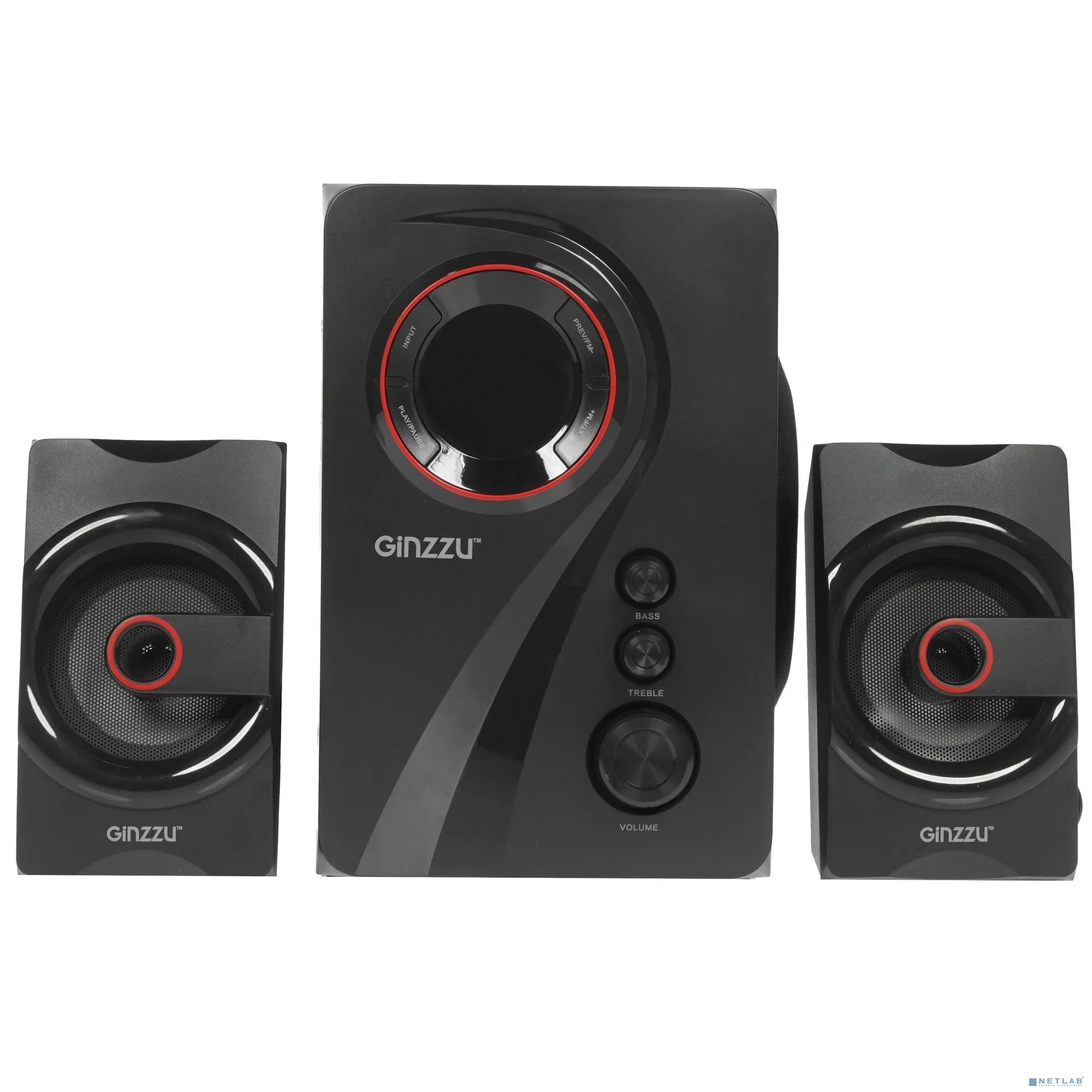 Ginzzu GM-406 2.1 с Bluetooth, выходная мощность 20Вт + 2х10Вт, аудиоплеер USB-flash, SD-card, FM-радио, пульт ДУ - 21 кнопка, стерео вход (2RCA), эквалайзер (обыч