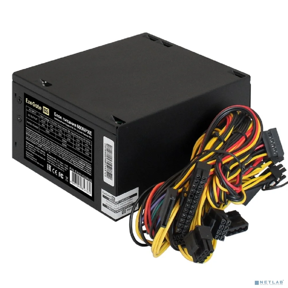 Exegate EX221639RUS-PC Блок питания 600W ExeGate 600NPXE (ATX, PPFC, PC, 12cm fan, 24pin, (4+4)pin, PCIe, 4xSATA, 3xIDE, black, кабель 220V в комплекте)