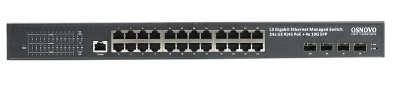 PoE Коммутатор OSNOVO SW-24G4X-1L Управляемый L3 PoE коммутатор на 24xGE RJ-45 c PoE + 4х10G SFP+ порта. Порты: 2 x GE (10/100/1000 Base-T) с PoE (до 90W, A+B) + 22 x GE (10/100/1000 Base-T)  с PoE (до 30W), 4 x 1G/ 2