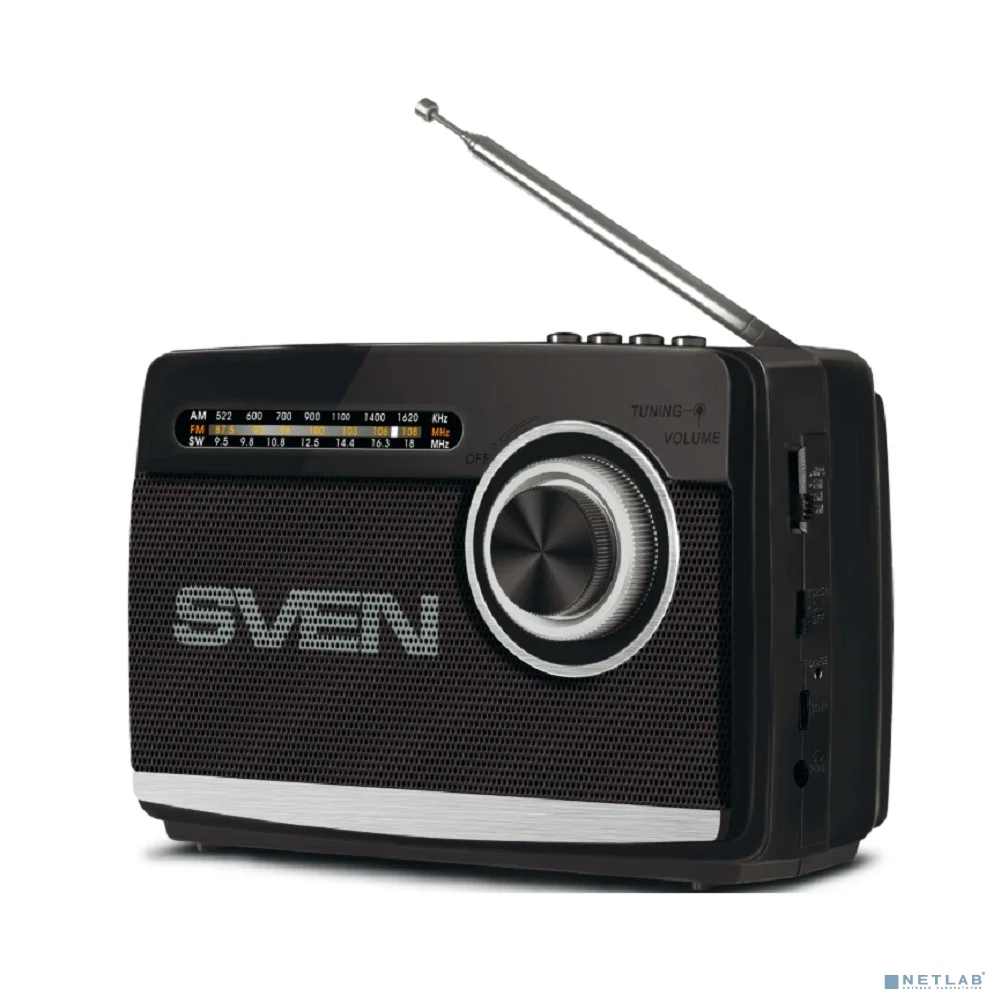 SVEN АС SRP-155, чёрный (3 Вт, Bluetooth, FM/AM/SW, USB, microSD, фонарь, встроенный аккумулятор)