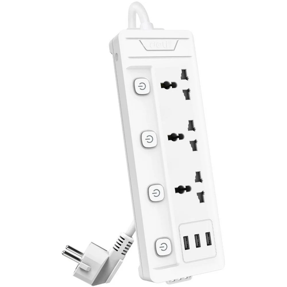 Сетевой фильтр универсальный Deli ET410/ 3розетки + 3USB , 2 м