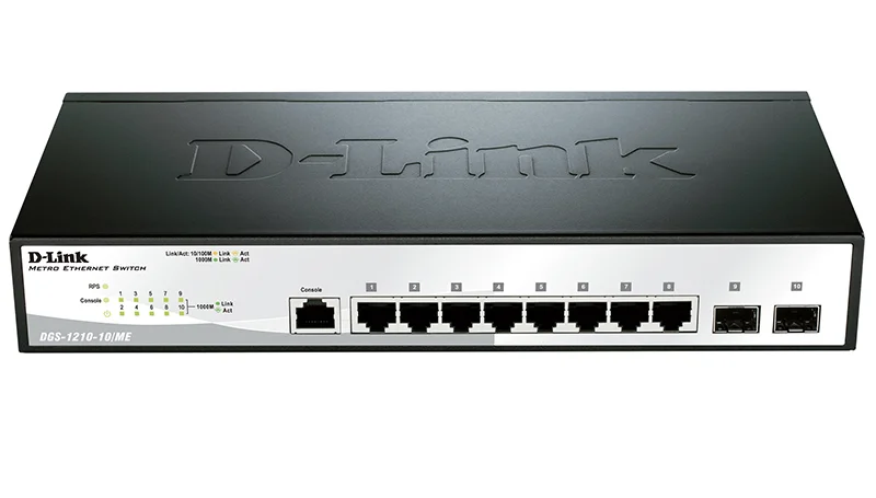коммутатор D-Link Управляемый L2 коммутатор, 8x1000Base-T, 2x1000Base-X SFP, защита от статического электричества до 6 кВ, CLI, консольный порт RJ-45, RPS