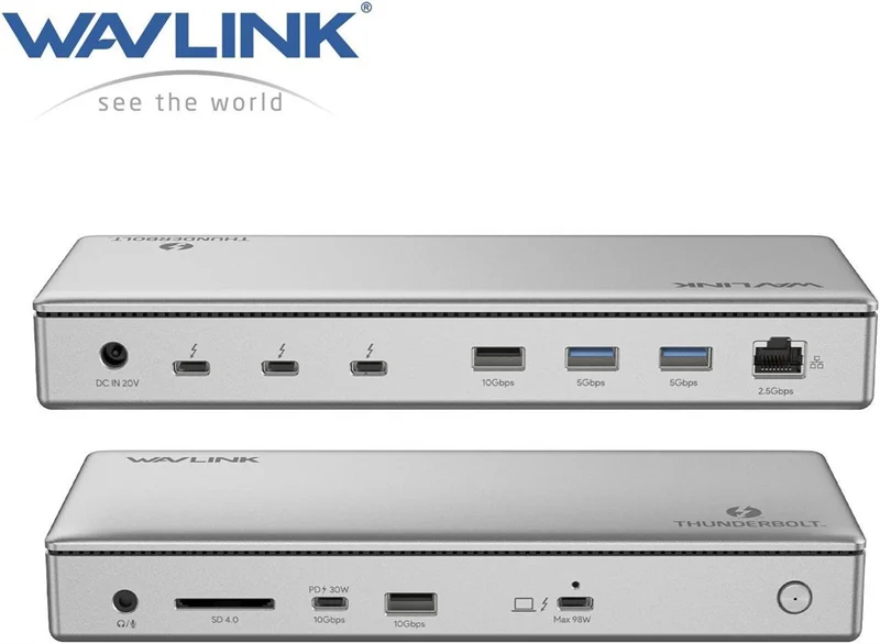 док-станция Docking Station WAVLINK Thunderbolt 4 Dual Display/98W Power Delivery Include 20V/11.5A Power Adapter/4xUSB3.0/3xThunderbolt 4/2xDP 4K 60HZ/2xHDMI 4K 60HZ/1xGigabit LAN/1xCombo Audio Jack/1xCardReader