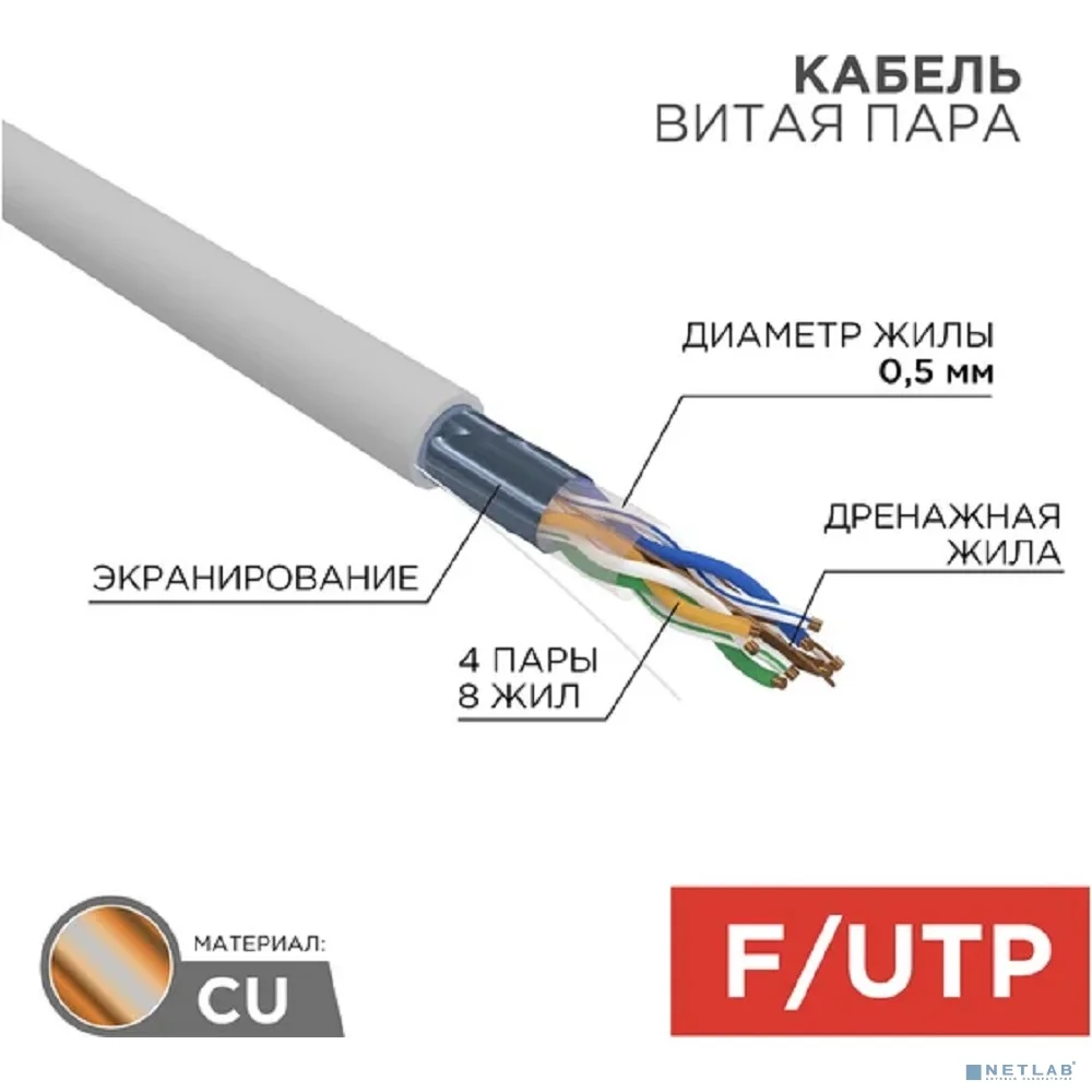 Rexant (01-0169) Кабель витая пара F/UTP, CAT 5e, ZH нг(А)-HF, 4PR, 24AWG, INDOOR, SOLID, серый, 305м