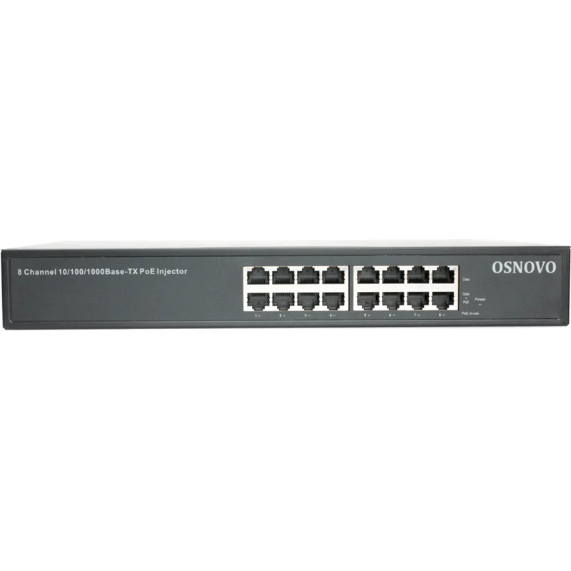 PoE-инжектор OSNOVO Midspan-8/150RG PoE-инжектор Gigabit Ethernet на 8 портов. Соответствует стандартам PoE IEEE 802.3af/at. Автоматическое определение PoE устройств. Мощность PoE на порт - до 30W. Суммарная мощно 2