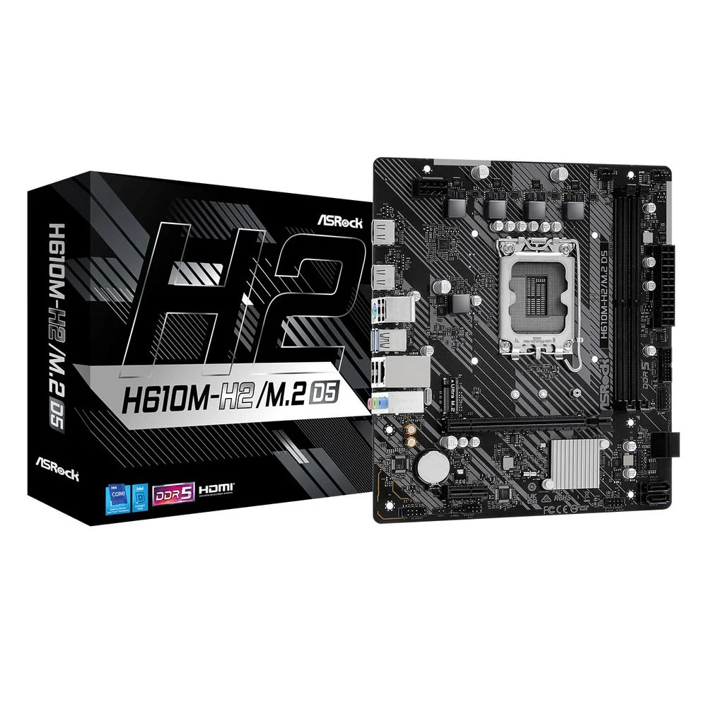 ASROCK H610M-H2/M.2 D5, Socket 1700, Intel®H610, 2xDDR5-4800, HDMI+HDMI, 1xPCI-Ex16, 1xPCI-Ex1, 4xSATA3, 1xM.2, 8Ch Audio, GLan, (4+2)xUSB2.0, (2+2)xUSB3.2, 1xPS/2, mATX, RTL