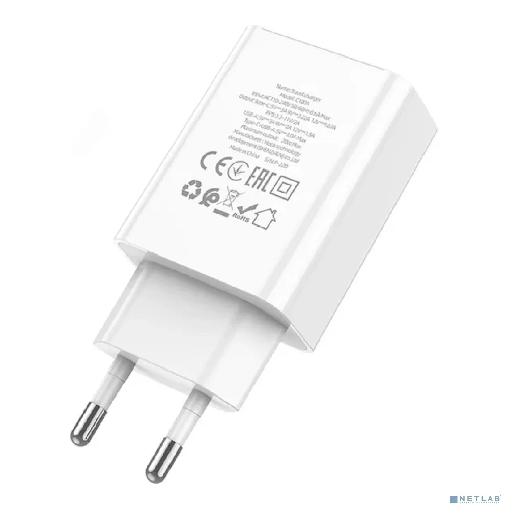 HOCO Зарядное устройство с дисплеем Hoco 18Вт, 3А, QC3.0/PD, 1xUSB, 1XType-C, C100A, белый, коробка