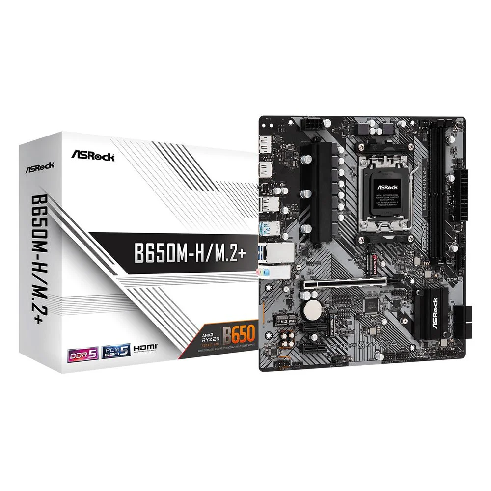 Материнская плата ASRock B650M-H/M.2+, Socket AM5, AMD B650, 2xDDR5-5200, HDMI+DP, 1xPCI-Ex16, 2xPCI-Ex1, 4xSATA3(RAID 0/1/10), 2xM.2, 8 Ch Audio, 1x2.5GLan, (2+4)xUSB2.0, (3+2)xUSB3.2, (1+0)xUSB3.2 Type-C™, mATX, RTL
