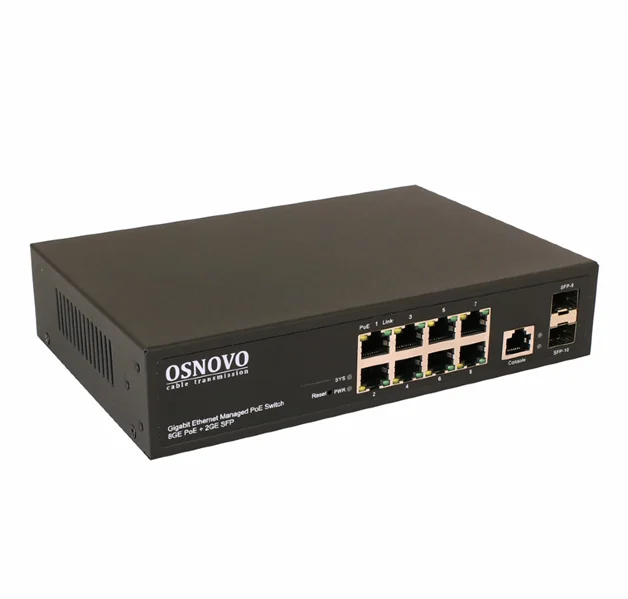 PoE Коммутатор OSNOVO SW-80802/L(150W) Управляемый L2 PoE коммутатор Gigabit Ethernet на 8 RJ45 PoE + 2 x GE SFP порта. Порты: 1 x GE (10/100/1000Base-T) с PoE (до 60W, A+B) + 7 x GE (10/100/1000 Base-T) с PoE (до 3