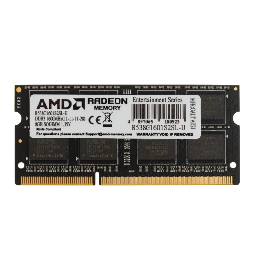 Модуль памяти AMD Radeon 8GB DDR3L 1600 SO DIMM R5 Entertainment Series Black R538G1601S2SL-U Non-ECC, CL11, R538G1601S2SL-U 1.35V, Retail (180923)