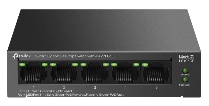 TP-Link LS105GP Настольный коммутатор с 5 гигабитными портами (4 порта PoE+)