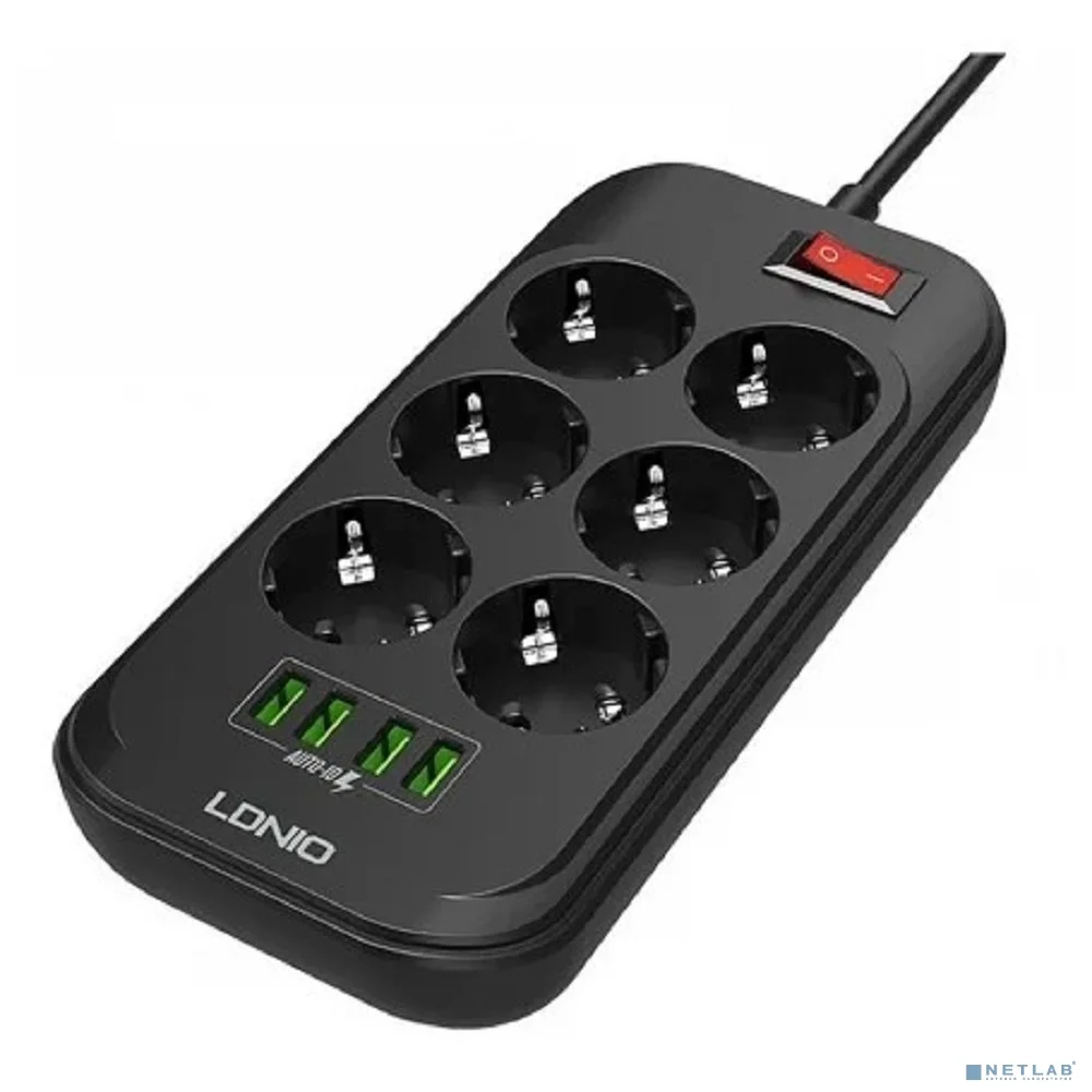 Perfeo LD_B4436 LDNIO SE6403/ Сетевой удлинитель 2м + ЗУ на 4 USB/ 6 розеток (медь) - 2500W/ USB - 17W/ Black&Gray