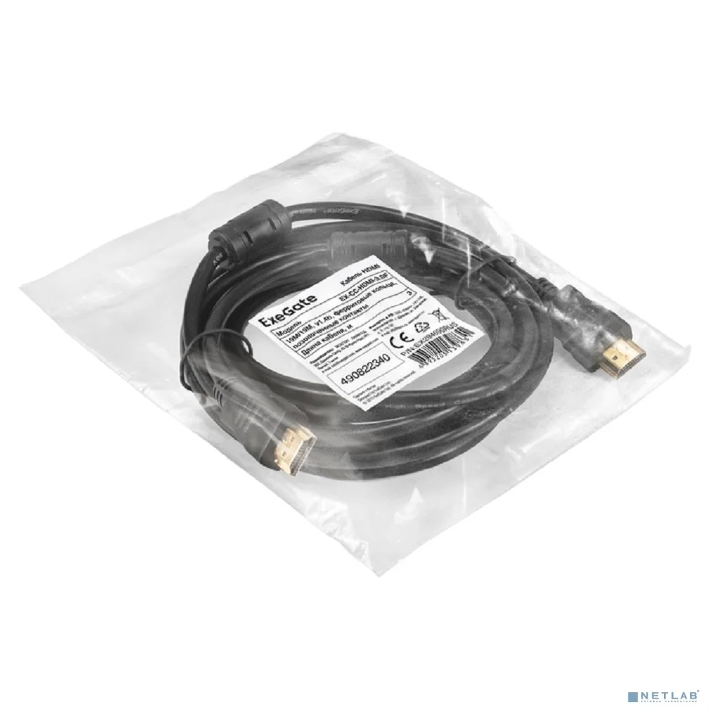 Exegate EX294690RUS Кабель HDMI ExeGate EX-CC-HDMI-3.0F (19M/19M, 3м, v1.4b, ферритовые кольца, позолоченные контакты)