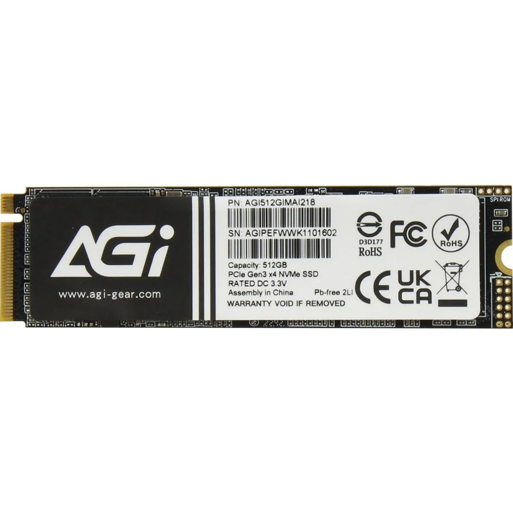 Твердотельный накопитель SSD AGI M.2 2280 512GB AI218 Client SSD PCIe Gen3x4 with NVMe, 3080/2200, IOPS 183/306K, MTBF 1.6M, 3D NAND TLC, 1024MB, 200TBW, 0,36DWPD, Bulk