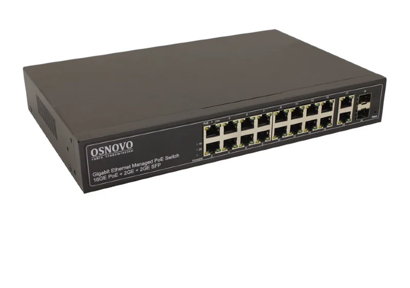 PoE Коммутатор OSNOVO SW-8182/L(300W) Управляемый L2+ PoE коммутатор Gigabit Ethernet на 16 RJ45 PoE + 2 x RJ45 + 2 GE SFP портов. Порты: 2 x GE (10/100/1000Base-T) с PoE (до 90W, A+B) + 14 x GE (10/100/1000Base-T)