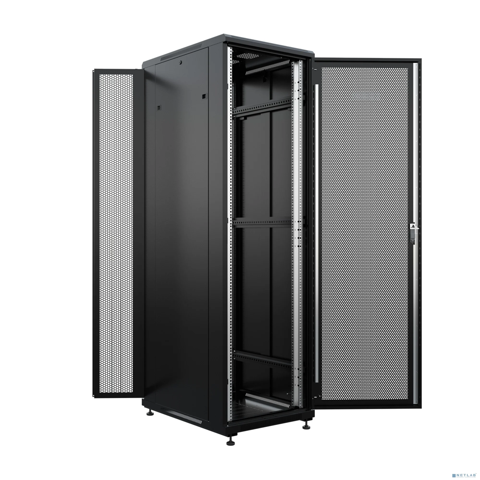 NTSS Шкаф напольный универсальный серверный NTSS R 47U 800х800мм, 4 профиля 19, двери перфорированная и перфорированная двухстворчатая, боковые стенки съемные, регулируемые опоры, разобранный, черный